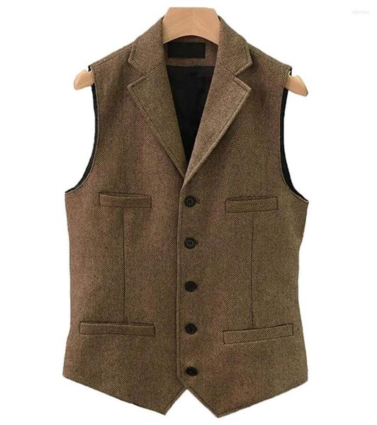 Gilet da uomo Business Abito da uomo Gilet Risvolto Scollo a V Lana a spina di pesce Casual Gentleman Gilet grigio Giacca formale Groomsman per matrimonio