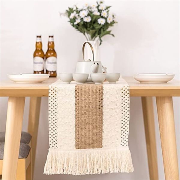 Corredor de mesa Macrame Runners com borla Tassels Natural Burlap Splicing Cotton Cotton Bohemian Wedding Bridal Home Rustic Home House 12x72 em 220902