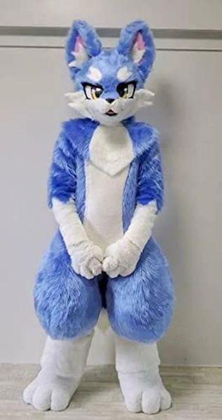 Blaues Tier-Katze-Hund-Fursuit-Maskottchen-Kostüm-Abendkleid-Geburtstags-Geburtstagsfeier