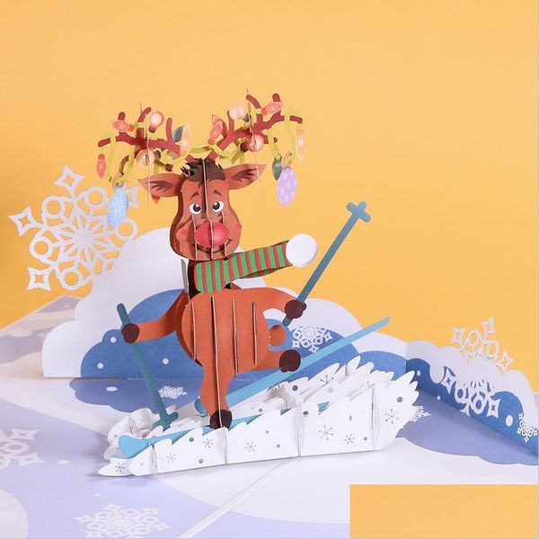Biglietti d'auguri Biglietti d'auguri Renna Sci Carta stereo 3D con busta Design Amici Regali per la famiglia Auguri di Natale Cartolina D Dheal