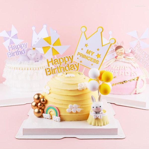 Forniture festive Happy Birthday Cake Topper Ragazze Ragazzi Decorazione per feste Mulino a vento Princess Crown Baby Shower Dessert Decor