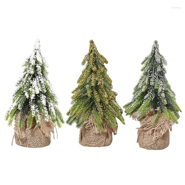 Decoraciones navideñas Escritorio Miniatura Nieve Pino Mini árboles con base de arpillera Decoración de mesa Invierno Hogar M6CE