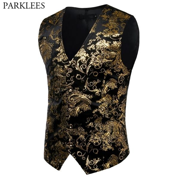 Herrenanzüge Blazer Herren Gold Metallic Paisley Bedruckte Steampunk Weste Einreihige V-Ausschnitt Hochzeitsweste Männer Smoking Aristocrat Westen Gilet 2XL 220905