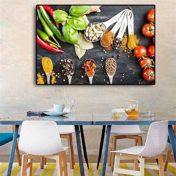 Pittura Verdura Cereali Spezie Cucchiaio Cucina Cibo Tela Pittura Cuadros Poster e stampe Immagine arte della parete Soggiorno Decorazioni per la casa