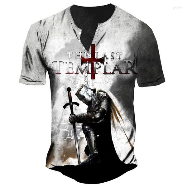 Мужские футболки для футболок мужские футболки летняя имитация хлопковая v шее кнопка для мужчин уличная одежда рыцарей Templar 3D Prinat