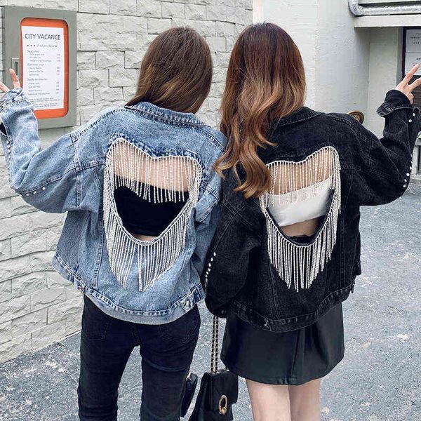 Jackets Jacket Jacket Jacket feminino Blue Blue Diamond Tassel Coat único Back Back Back Jeans Jeans 2021 Fall Fashion Clothing T220830