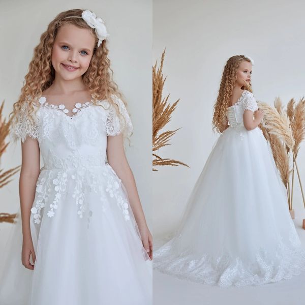 Белое кружево платья цветочницей для свадебных платьев с коротким рукавом для фотосессии для фотосессии