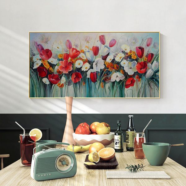 Pintura de tela abstrata tulipa branca vermelha impressa em arte de parede imagem nórdica e impressões para a sala de estar Cuadros Decor