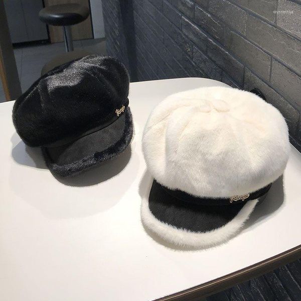 Berets Mode Stil Brief Pelz Frauen Baskenmütze Nette Casual Herbst Winter Im Freien Weibliche Retro Warme Achteckige Hut Schirmmütze