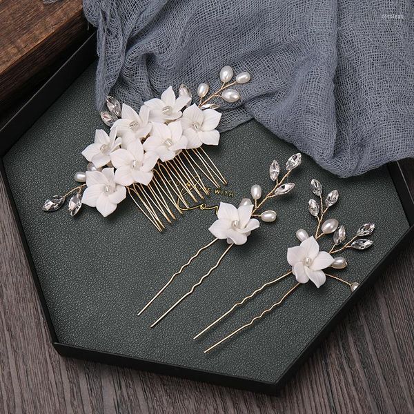 Fermagli per capelli 3 pezzi Pettini per fiori con perle Set di forcine Copricapo in cristallo dorato fatto a mano Accessori da sposa Fasce per capelli da sposa