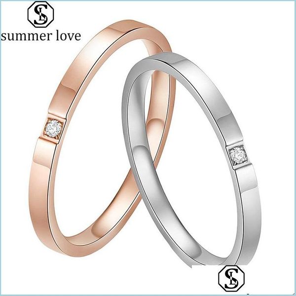 Bandringe Neuer Edelstahl-Quadrat-Zirkon-Ring für Frauen 2 mm Silber Roségold Schlank stapelbar Ewigkeit Verlobung Hochzeit Fa Lulubaby Dh9Sd