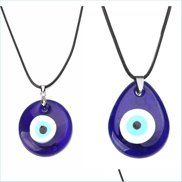 Collane con ciondolo Moda rotonda Evil Blue Eye Collana con ciondolo Uomo Vetro Corda in pelle Catena Protezione turca Ragazze fortunate Mjfashion Dhomw