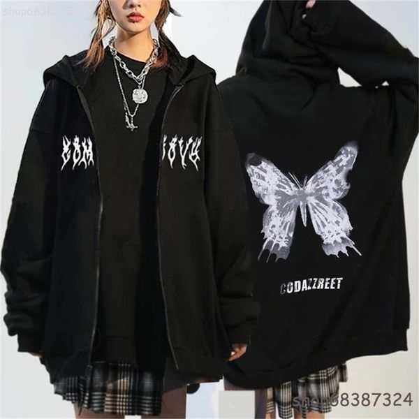 Erkek Hoodies Sweatshirts y2k sokak kıyafeti kapşonlu üstler punk gotik büyük boy kafatası kanadı kötü alev unisex hardigan fermuar sweatshirt erkek kadın ceket ceket 220905