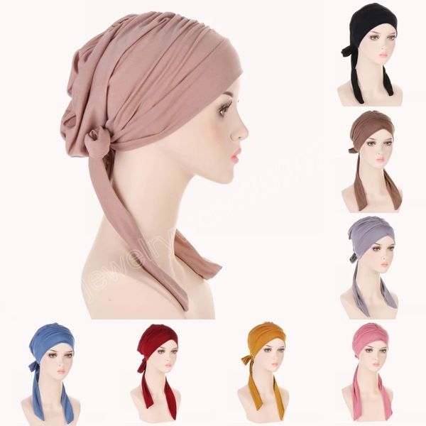 Soft Modal Lace Up Hijab Berretti Cappelli Tinta unita Musulmano Donna Elastico Avvolto Turbante Cap Semplice Coda Lunga Foulard Cofano