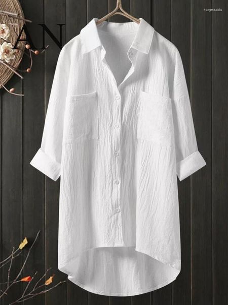 Abiti casual Camicia estiva Gonna Tinta unita Cotone e lino Abito bianco largo Manica lunga Grande