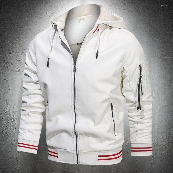 Giacche da uomo Giacca in pelle bianca Uomo Autunno Inverno Cappotto da motociclista con cappuccio in PU con cappuccio Abbigliamento moda Casual