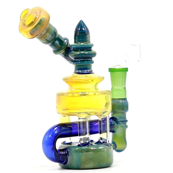 Große Designs Glas Bong Dab Rigs Shisha mit blauem und gelbem Körperhandwerk Wasserrohr 14 mm Quarzknalze