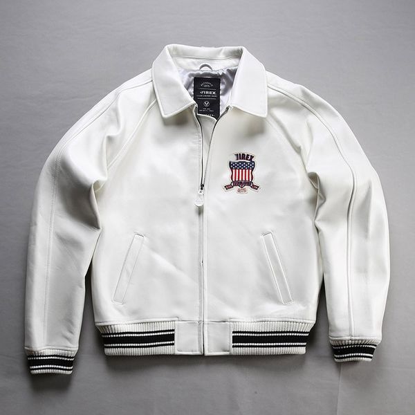 White USA Sports Bomber Sceplitura di pelle di pecora Cucca in pelle Lychee Modello in pelle Mota Giacche da volo in pelle.