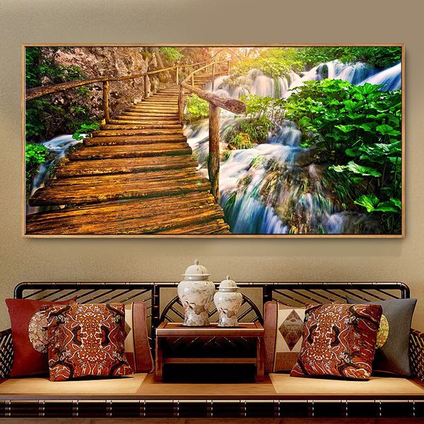 Quadro su tela Stampa Ponte di legno in montagna Dipinto ad olio su tela Immagine da parete per soggiorno Cuadros Decorazione Home Decor