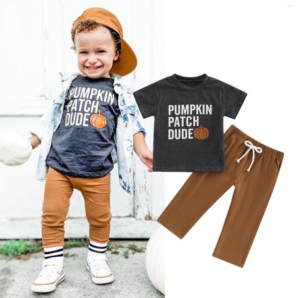 Kleidungssets Fokusnorm 2pcs Halloween Baby Jungen Kleidung 0-24m Kürbis Buchstaben gedruckt graue kurze Ärmel T-Shirts Lange Hosen