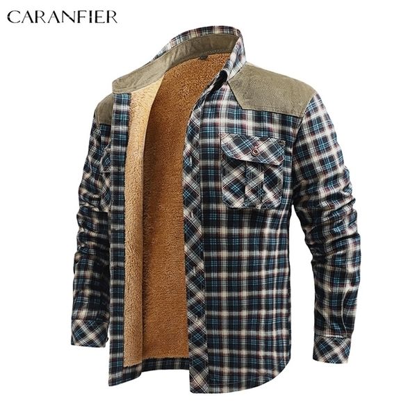 Männer Jacken Caranfier 100% Baumwolle Plaid Jacke Dicke Warme Winter Cord Patchwork Hemden Männlich Fleece Gefüttert Metall Knopf Streetwear 220905