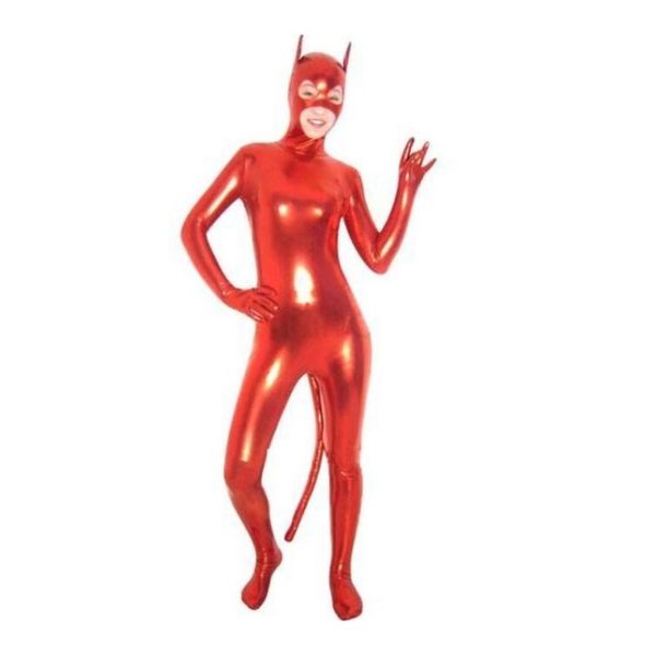 Unisex Lustiges Tierrot Glänzende metallische Catsuit-Kostüme Lycar Spandex Zentai Bodysuit Party Club Bühnenkostüme mit Ohren und Schwanz