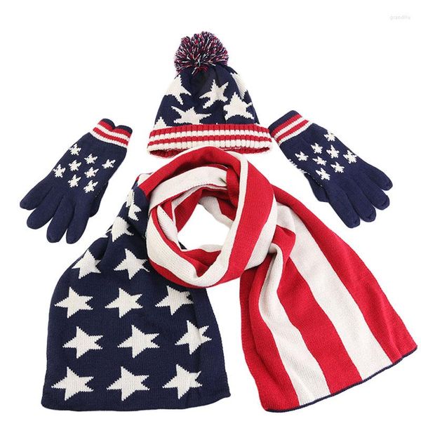 Berretti Regalo di Natale Unisex Bambini American UK Flag Design Cappello lavorato a maglia Sciarpa Guanto Set Donna Uomo Fodera in lana spessa 3 pezzi Tuta calda