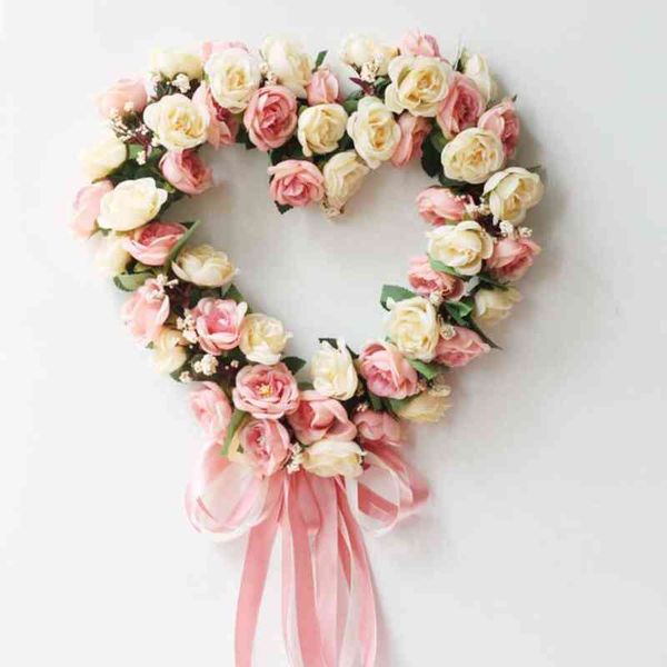 Dekoratif çiçek çelenkleri düğün yapay ipek çelenk kalp şekli duvar dekoratif çiçek kapısı çelenk teklif için sevgililer günü asılı çelenkler t220905