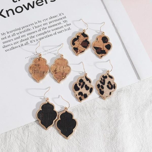 Baumeln Ohrringe Blume Hexagon Leopard Holzmaserung Muster PU Leder Gold Farbe Brincos Pendientes Mode Marke Schmuck Frauen