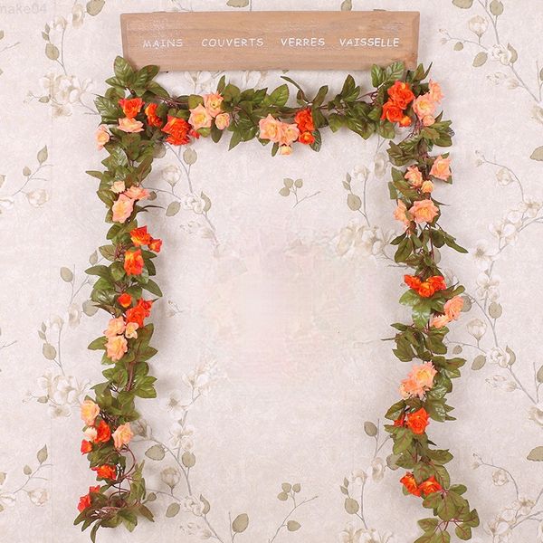 Sahte çiçek yeşillik 220 cmlot ipek güller sarmaşık asma ev düğün için yeşil yapraklar ile sahte yaprak diy asma çelenk yapay akış j220906