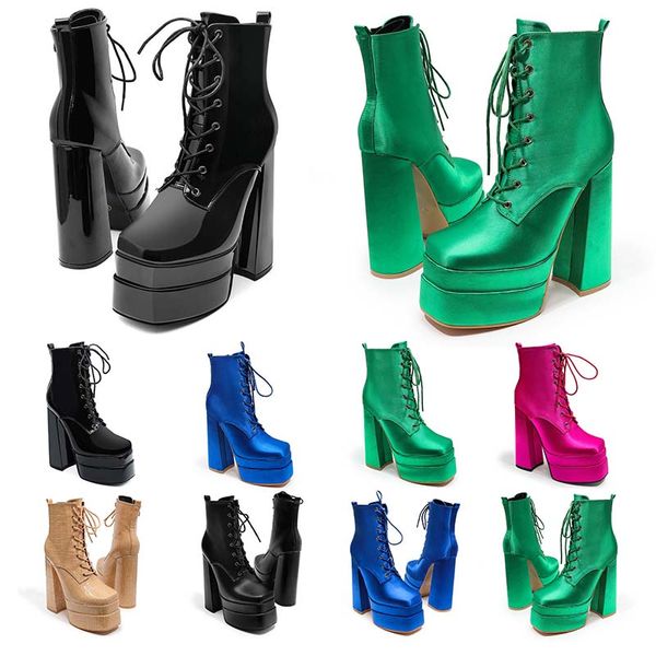 Botas femininas Botas de botas 15 cm de salto gracioso tornozelo de salto de inverno Round Plataforma Black Green Rink Bule tênis tênis de tênis