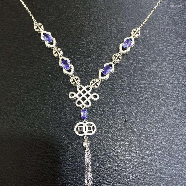 Цепи натуральный синий танзанит турмалиновый ожерелье для драгоценного камня подвеска S925 Серебряный модный китайский узел женские ювелирные украшения