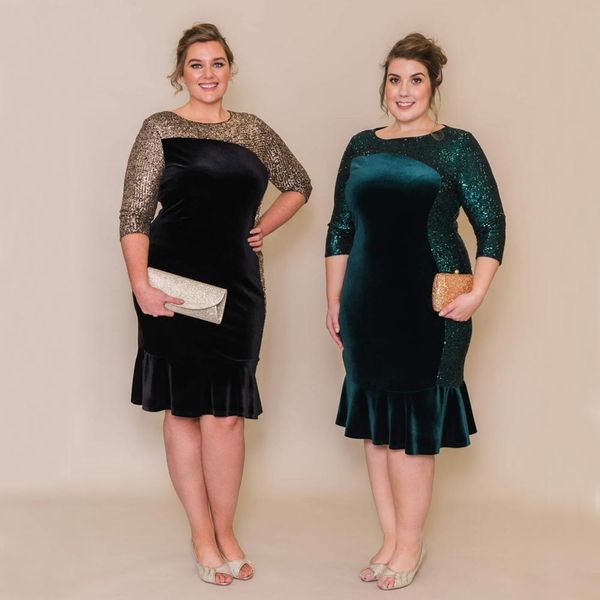 Spistly Plus Size Mother of the Bride Dress Dewel Geals Velvet Evening Howns Sequined с длинными рукавами длина колена русалка свадебное платье гость