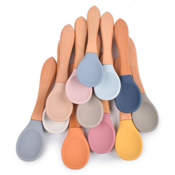 Copos pratos utensils de bebê macio colher de silicone color cor de segurança aprendizado de madeira não deslizante crianças crianças menino ferramentas de alimentação de comida 220906