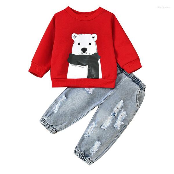 Наборы одежды 0-24 м Unisex Baby наряды белого медведя припечаток с длинным рукавом. Случайные джинсы для малышей для мальчиков девочки осень зима