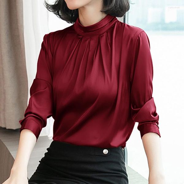 Damenblusen Vintage Weinrot Satin Damenbluse Rollkragen Plissee Luxushemd Solide Langarm Mode Elegant Damen Tops 2022