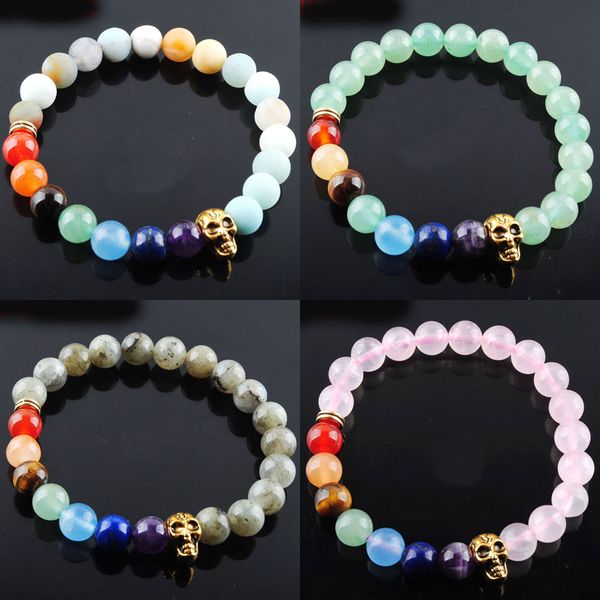 7 Chakra Perlen Stränge Armband Naturstein Armbänder Für Männer Labradoirte Schädel Kopf Elastische Armreif Yoga Schmuck 10PC BK26