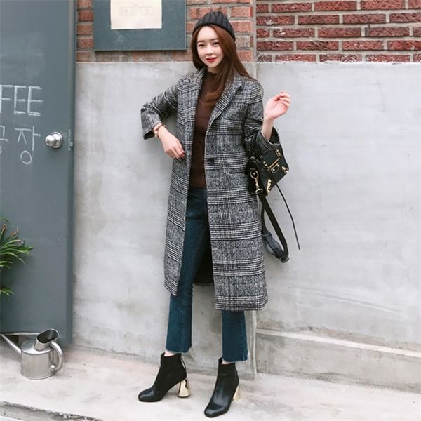 Misturas de lã feminina Spring Autumn Autumn's Women Plaid Coat Moda Longa Lã Casaco Slim Tipo feminino Jaquetas de Lã de Inverno feminino Outwear 220906