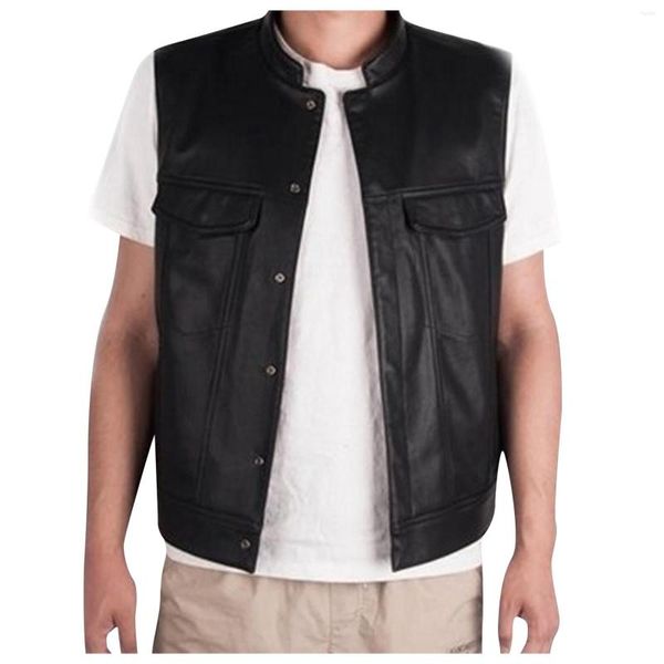 Gilet da uomo Gilet da uomo in pelle da motociclista alla moda Cool Clubwear Vintage Punk Stand Neck Jacket Autunno Tinta unita Abbigliamento da uomo