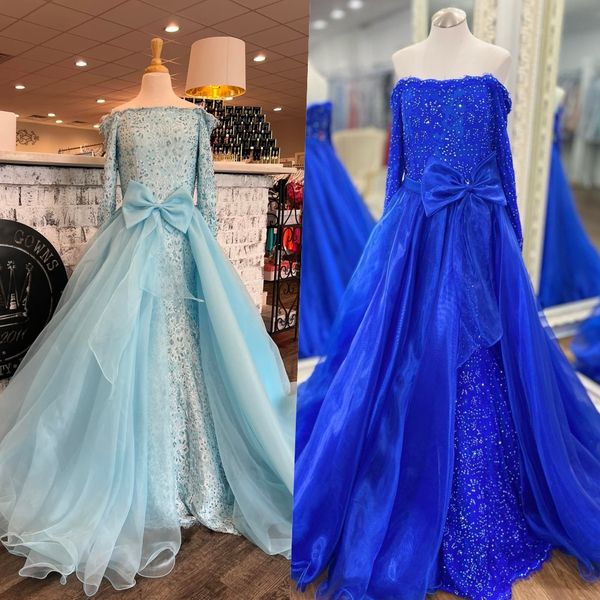 Abito da spettacolo in pizzo 2023 Sopragonna in organza staccabile Sirena Maniche lunghe Ragazzino Compleanno Abito da festa formale Bambino Adolescenti Preadolescente Zucchero Royal Fiocco azzurro