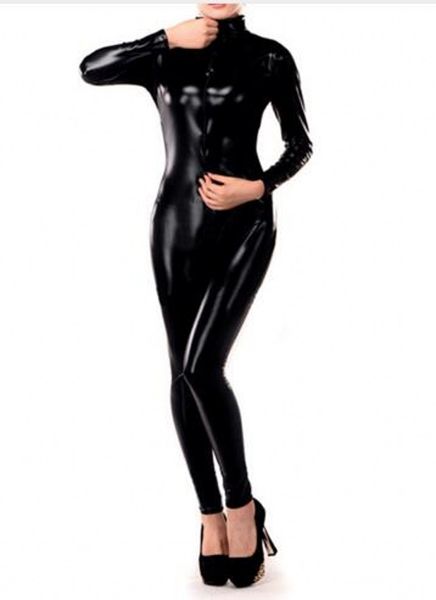 Glänzende metallische sexy Mädchen-Catsuit-Kostüme, schwarzes Lycar-Spandex-Zentai-Bodysuit, Tanzkleidung, Party, Clubwear, Bühnenkostüme, Reißverschluss vorne