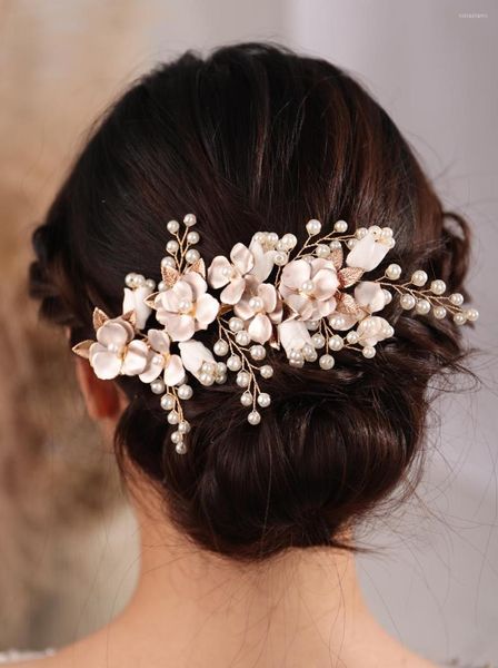 Copricapo Sposa Perle Fatte A Mano Strass Floreale Laterale Semplici Clip Pettine Per Capelli Matrimonio Prom Party Boho Accessori Per Gioielli Per