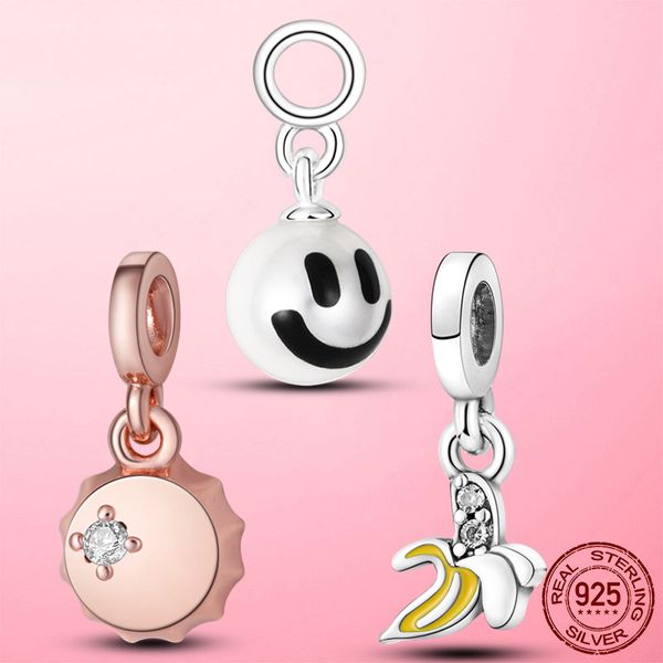 925 Gümüş Charm Boncuklar Dangle Şans Şişe Kapağı Gülümseme Muz Mini Boncuk Fit Pandora Takılar Bilezik DIY mücevher Aksesuarları