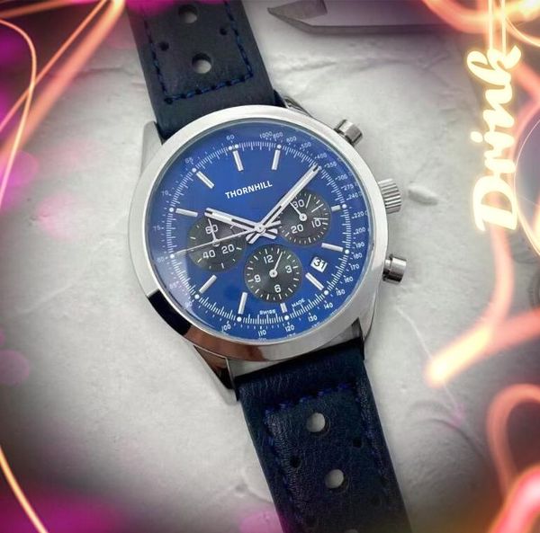 Tutti i quadranti funzionano Orologi da uomo di marca Cronometro Tre occhi Orologio funzionale completo Cintura in pelle con foro Cronografo esterno Batteria al quarzo Moonwatch Orologi da polso