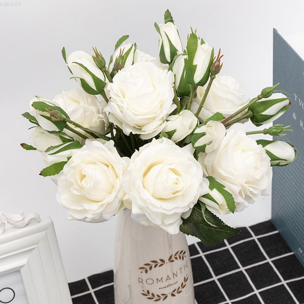 Faux Floral Greenery Beautiful grande rosa artificial rosa Branch 2 Bud Touch Real Wedding Fake Flowers for Home Christmas Decoration White J220906