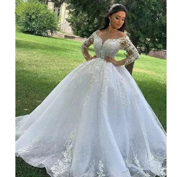 Abito da ballo abiti da sposa illusione gioiello maniche lunghe arabo plus size affascinanti appliques in pizzo principessa perle in cristallo per perle di cristallo abiti da sposa a seque