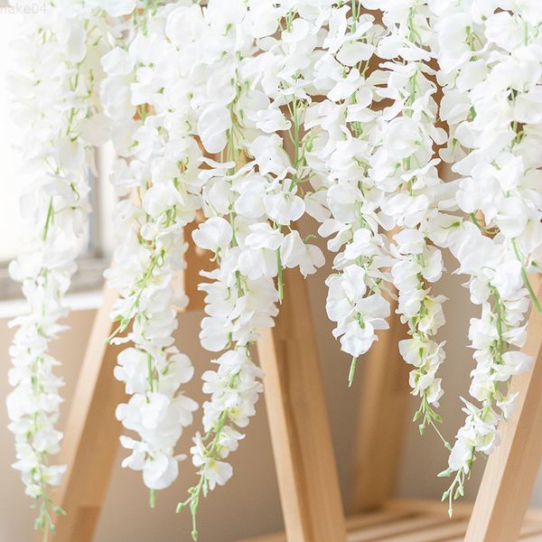 Faux Floral Greenery 120cm Silk White Artificial Flower Greath for Wedding Home Decoration Christmas Flowers Fake String Vine Wisteria Bow pendurada J220906