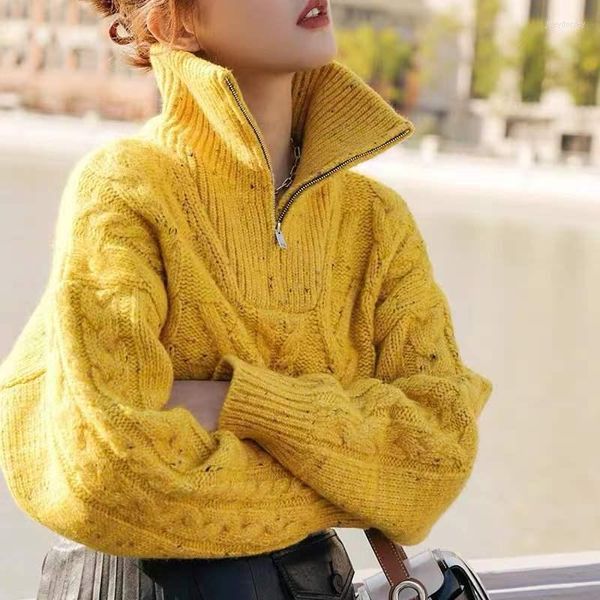 Camisolas femininas Mulheres Mulheres Torcer Amarelo Twist Sweater Sweater Longa Manga Longa Turtleneck Militura Pullover zíper solto Senhor simples