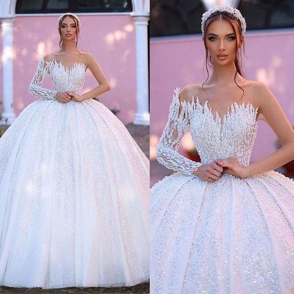 Schulter Exquisite Eine Frauen Hochzeit Kleid Glänzende Nach Maß Perlen Spitze Ballkleid Bodenlangen Brautkleider Plus Größe es