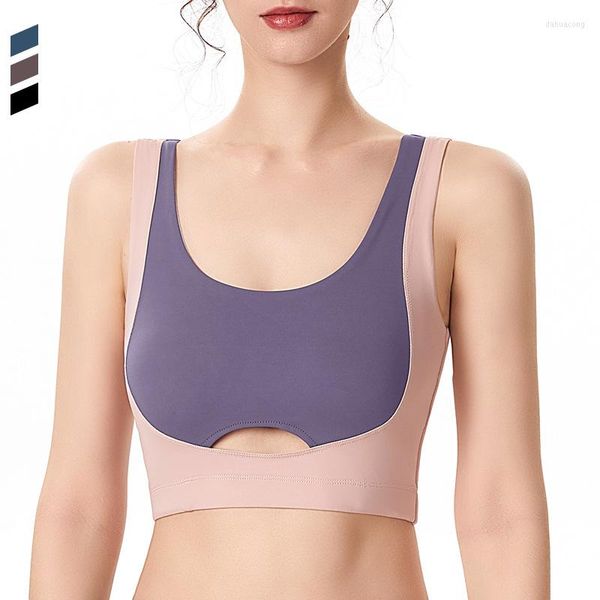 Yoga-Outfit, gefälschte zwei Damen-Sport-Hohl-BHs, Kontrastfarbe, Lauf-Tanktops, Fitnessstudio, stoßfest, sammeln Fitness-Übungsunterwäsche